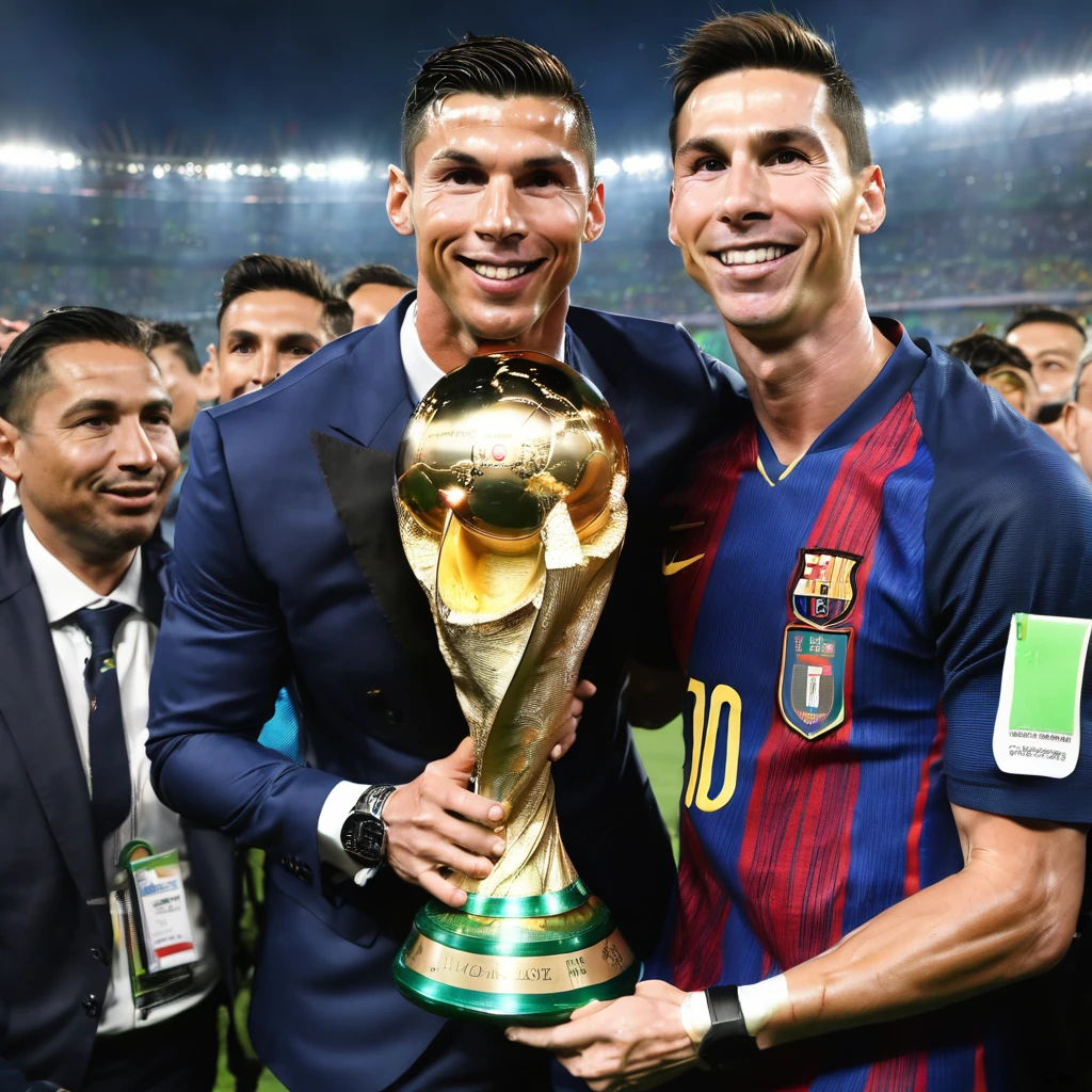 Cristiano Ronaldo and Messi hugging with a World Cup next to them