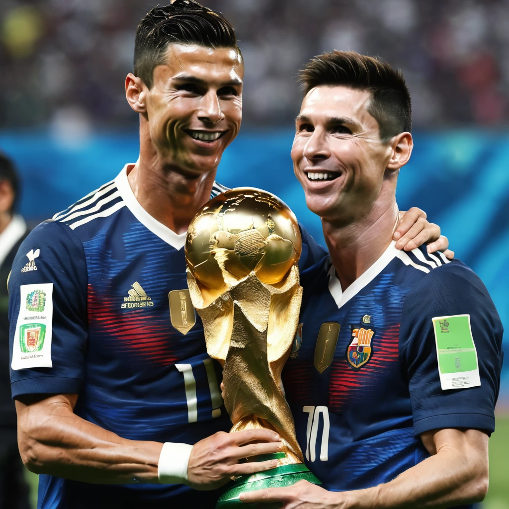 Cristiano Ronaldo and Messi hugging with a World Cup next to them