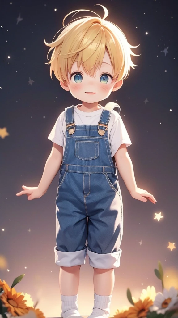 Cute little yellow haired boy standing cute and small he is wearing a cute outfit and behind the backdrop has beautiful floating glowing stars he is happy and is wearing white socks and overalls 
