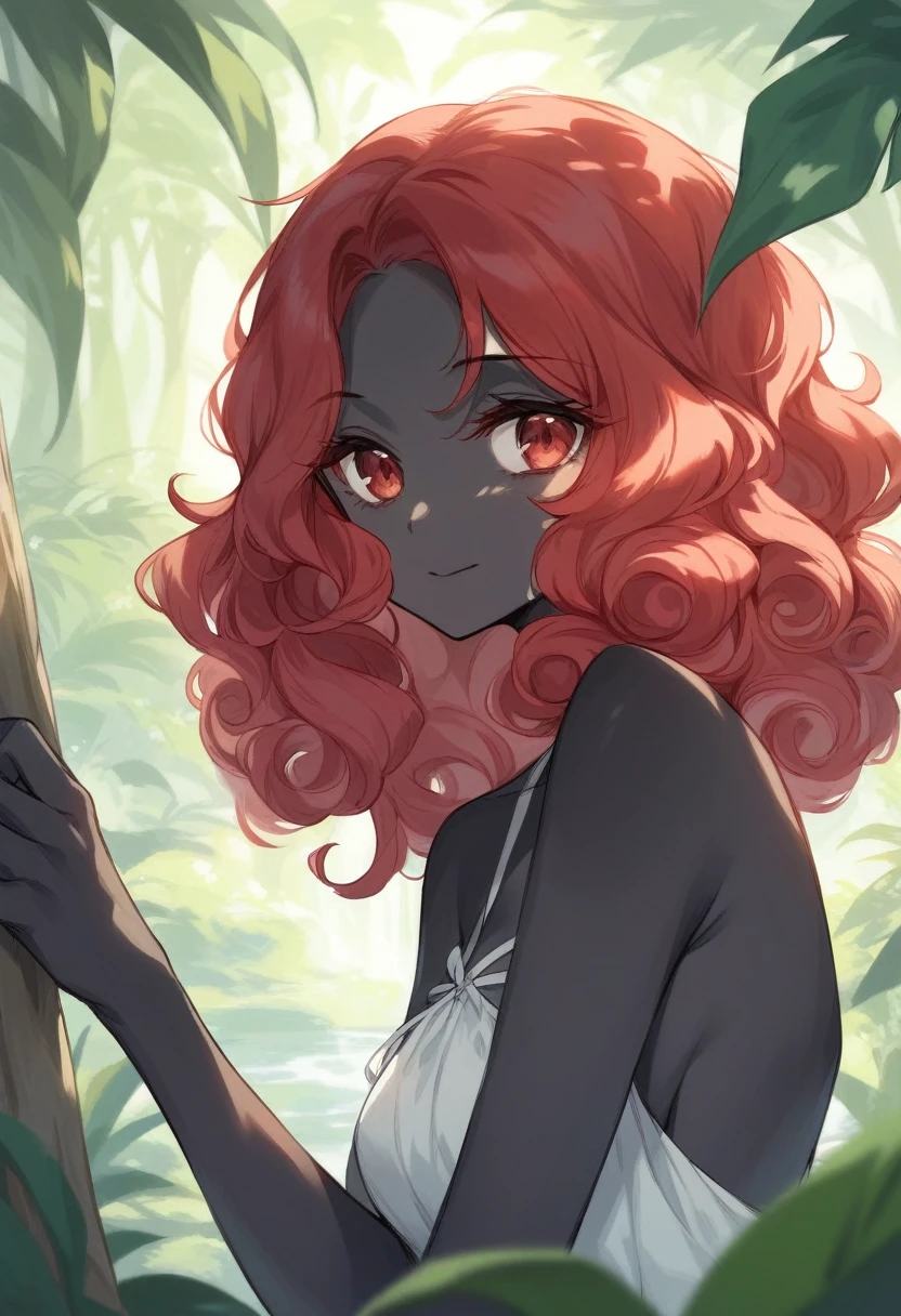 BREAK Perfect Anatomy、(High resolution:1.2)、Incredible illustrations、(Cute illustrations:1.2)、(nsfw) （Beautiful background(tropical rain forest)) 1 girl(Red hair, long curly hair, red eyes, black skin)