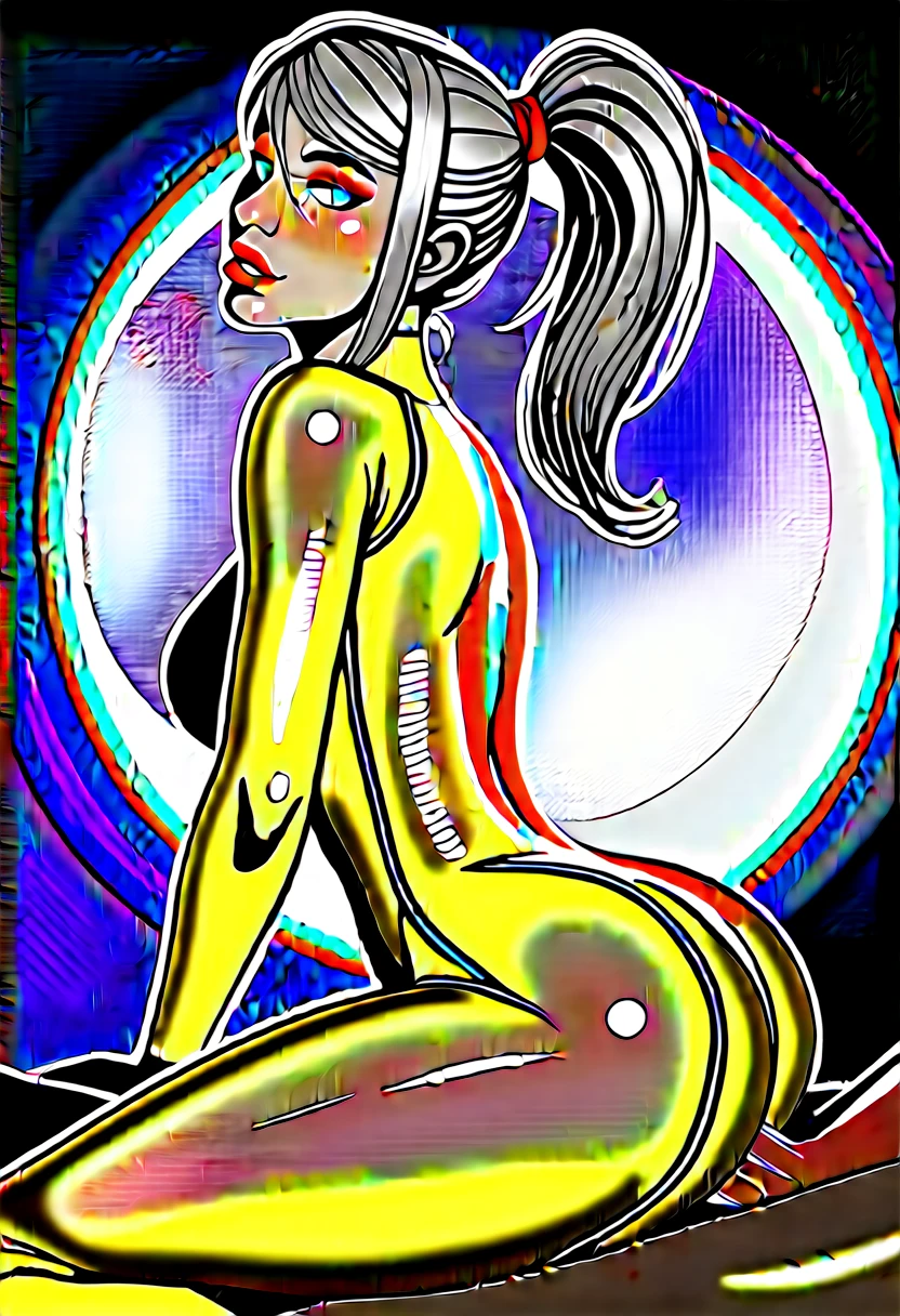 1girl, 1monster, Samus Aran, zero suit, large breasts, eyes blue (detailed:1.0), intense pleasure, realistic, curly hair, blondie, thin, source_anime, ponytail, cute, space ship, space ship, side view, precum, huper crooked cock, hyper cock, venus, blush, assjob, without penetration, cum on ass, athletic body, mascara under the eyes