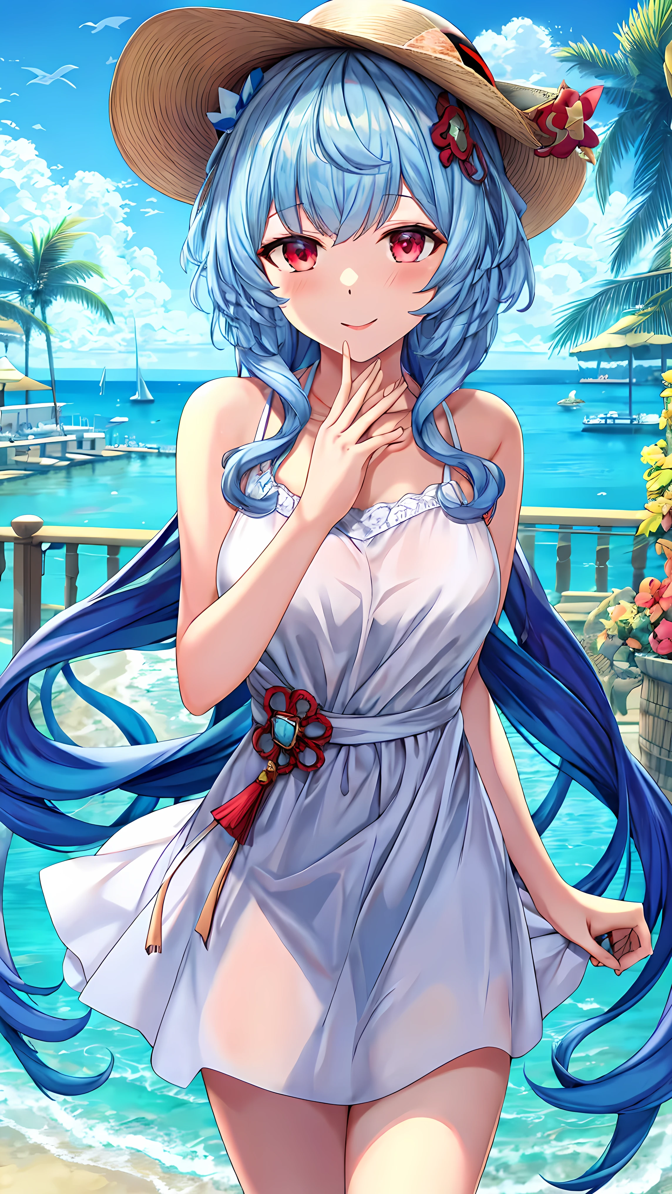 (Highest quality, masterpiece:1.4) , (absurdes:1.2), complex, One girl, alone, Cinema Lighting, ganyu \(genshin impact\), Fairy, Pointed Ears, Blue Hair, length hair, Red eyes, bangs, lips, ocean returnground, sundress, Straw hat, arms_behind_return, smile, blush,Beach,barefoot, detailed returnground, Are standing, full_body, white_dress, length_dress, detailed clothing folds, transparent_clothing, SFW, see-through dress, See-through silhouette,(Moderate_chest:0.4), 日没 BREAK looking at viewer, (Cowboy Shot:1.5), smile,Composition from below, Thighs, セクシー BREAK (masterpiece:1.2), Highest quality, High resolution, unity 8k wallpaper, (figure:0.8), (Beautiful fine grain:1.6), Highly detailed face, Perfect lighting, Highly detailed CG, (Perfect hands, Perfect Anatomy) BREAK ((masterpiece,Highest quality)), Super detailed, Shine, Shine, Ray Tracing, (Perfect Face, Detailed face, Fine grain, Perfect hands, Perfect Fingers:1.5), HD, Super cute face, Highest quality, Super detailed BREAK Shine目, (highest quality realistic illustrations), (Super fine), (Cute illustrations:1.3), (High chroma:1.3) BREAK 詳細な美しい顔と目, Dynamic lighting, (Very delicate and beautiful) BREAK (Nice hands), (Perfect hands:1.4), Highly detailed illustration, Super cute and beautiful, Highest quality, slender, ,Baby Face,