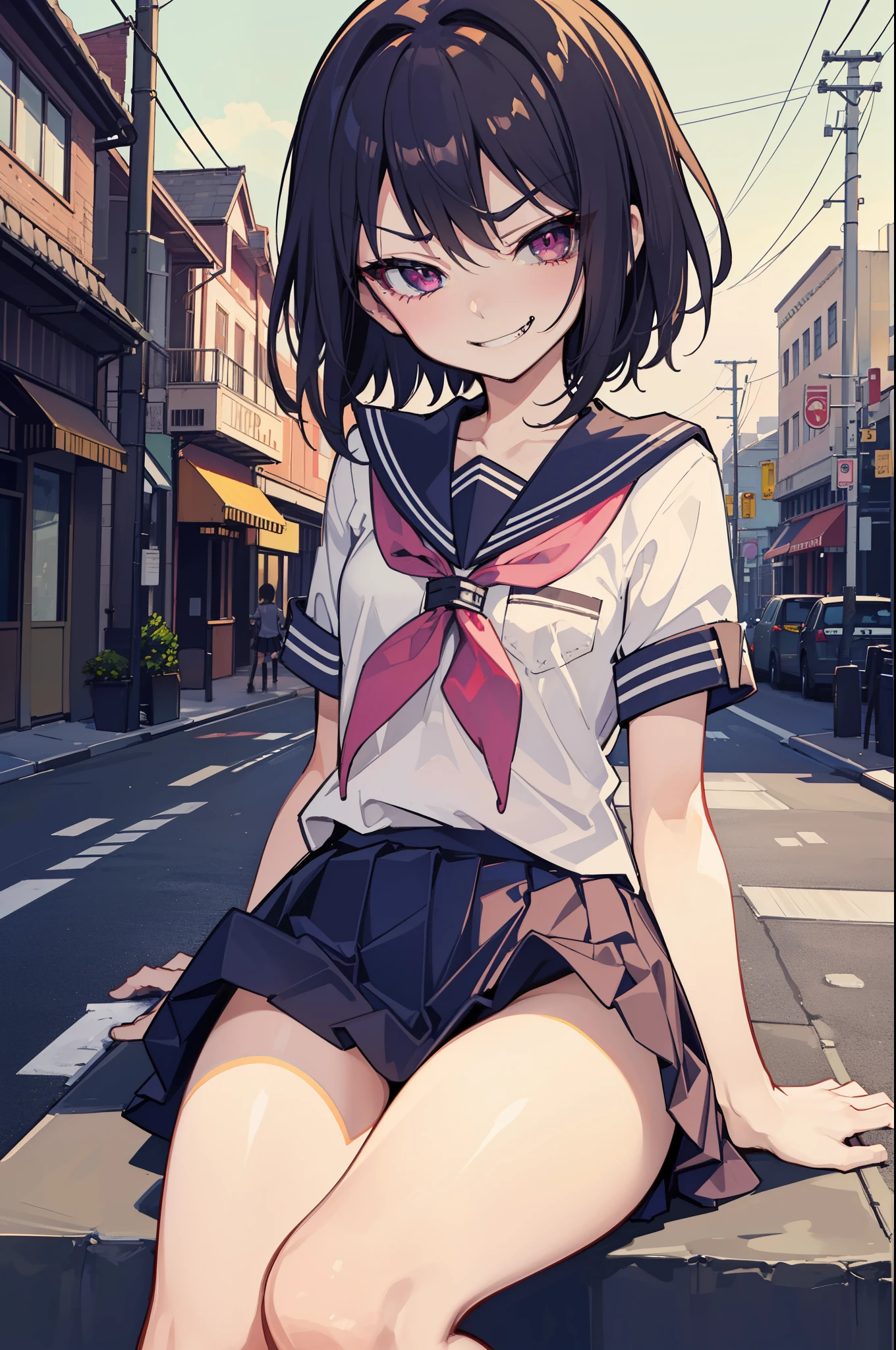 (Ideal:1.2), (perfection:1.2), (highest quality:1.2), (best quality:1.2), detailed, street, 1girl, sexy body, (evil smirk:1.2), (:1.1), naughty, (school uniform:1.1), detailed body, sexy thighs, small breasts, short hair, high quality eyes, 4K, highest quality resolution, best quality resolution, best quality upscale, flawless 