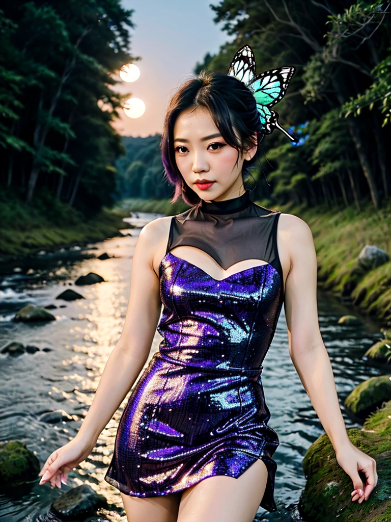 High quality photo,right lips and eye's, (not any mistakes) beautiful shinobu kocho, wearing glittering purple short party dress, angelic, , elegant and graceful, butterfly, sparkling, at a night forest moonlight river side