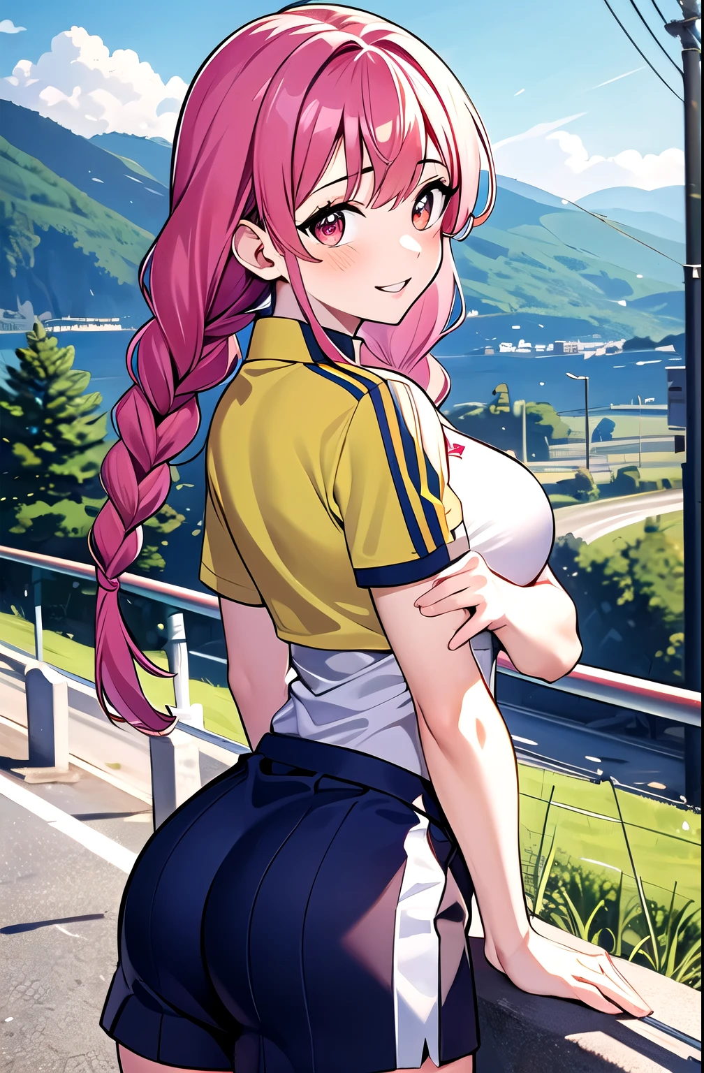 (masterpiece, best quality, detailed), 1girl, solo, looking at viewer, MitsuriKanroji_NDV, (multicolored hair, pink-green hair), large breasts, twin braids, red eyes, 
soccer uniform, road, utility pole, guard rail, road sign, power lines, hill, railing, scenery, outdoors, mountainous horizon, landscape, arms behind back, smile, parted lips