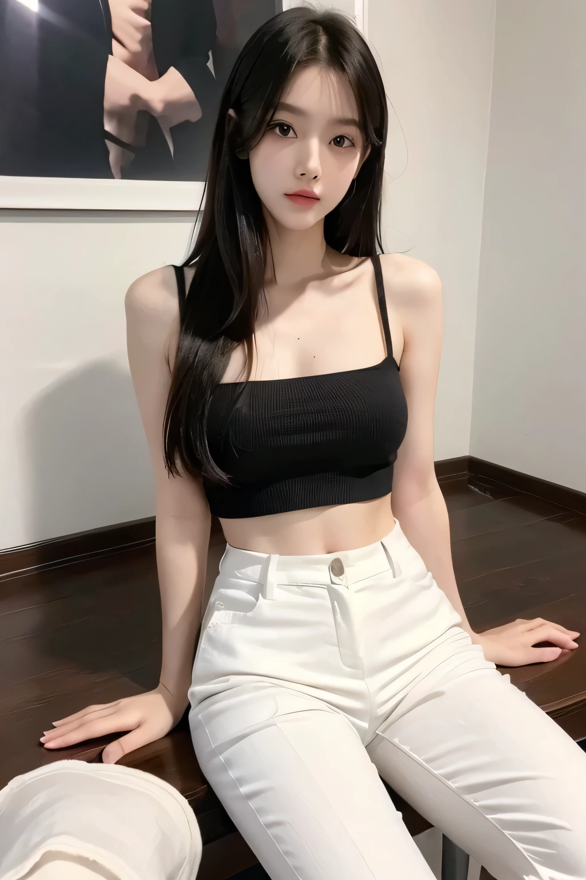 highly detailed face and body, 8k,  21 years old, model, tall, perfect body, passionate and cute look, long black hair, black eyes, office outfit, knitted spaghetti top and white long pants, small firm breasts, light skin, sitting on table, legs spread open wide