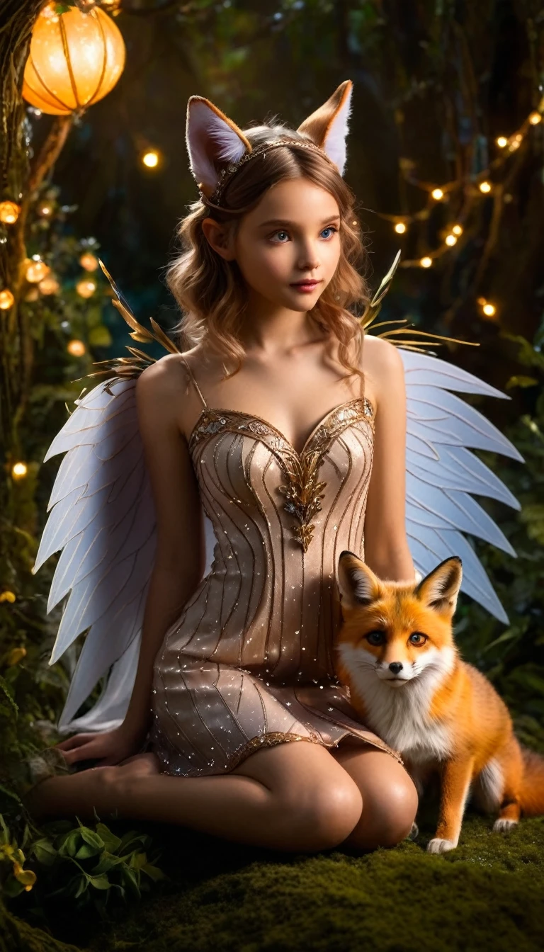 A magical, ethereal scene featuring a young fairy girl and a fantastical creature resembling a mix between a fox and a small winged beast. The girl has short, light brown hair adorned with delicate, sparkling accessories and pointed elf-like ears. She wears a shimmering dress made of intricate, glowing fabrics, giving off a soft, warm light. Her expression is one of gentle curiosity as she gazes at the creature, who is seated across from her amidst vibrant, luminescent flowers. The creature has large, expressive eyes, fluffy fur, and fairy-like wings that glisten in the ambient light. Both are bathed in a dreamy, mystical glow, surrounded by twinkling lights and soft, colorful foliage. The background is filled with an otherworldly, enchanting forest that exudes a sense of wonder and magic.