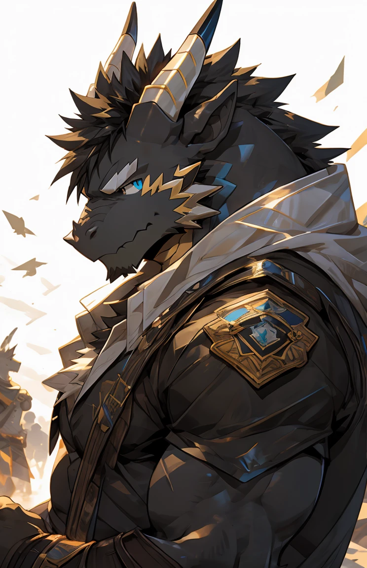 (by sollyz),dragon,white and black body,detail face, detail eyes, detail,male,(naked),pants,furry, short hair,(mercenary)
,blue eyes,black body,black hair,handsome,simple white background,,bed,
strong,epic,
