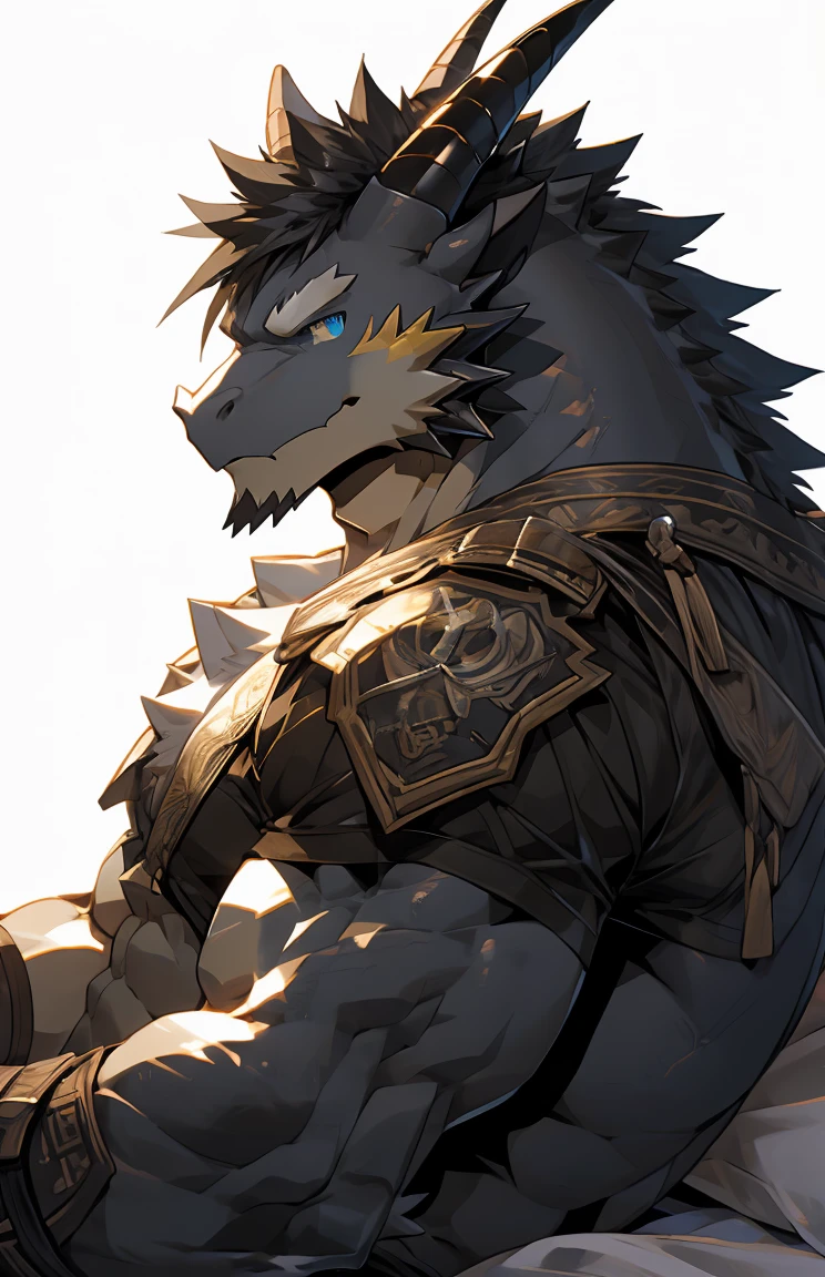 (by sollyz),dragon,white and black body,detail face, detail eyes, detail,male,(naked),pants,furry, short hair,(mercenary)
,blue eyes,black body,black hair,handsome,simple white background,,bed,
strong,epic,