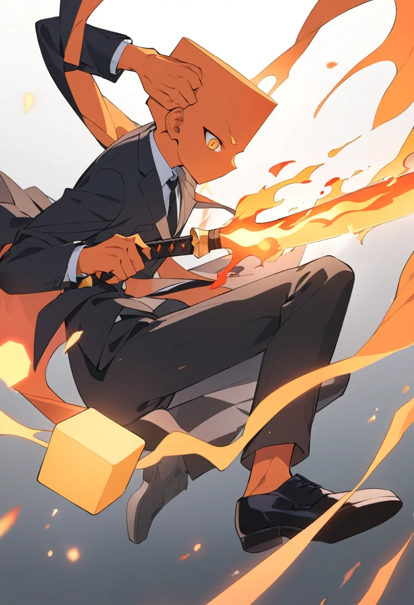 A orange human with a hat on. Head is cube shaped. Two arms, two legs. Jujutsu kaisen style art Wearing a suit and black pants. Boy. Sword with fire spewing out of it in his hands. Orange hair orange skin.