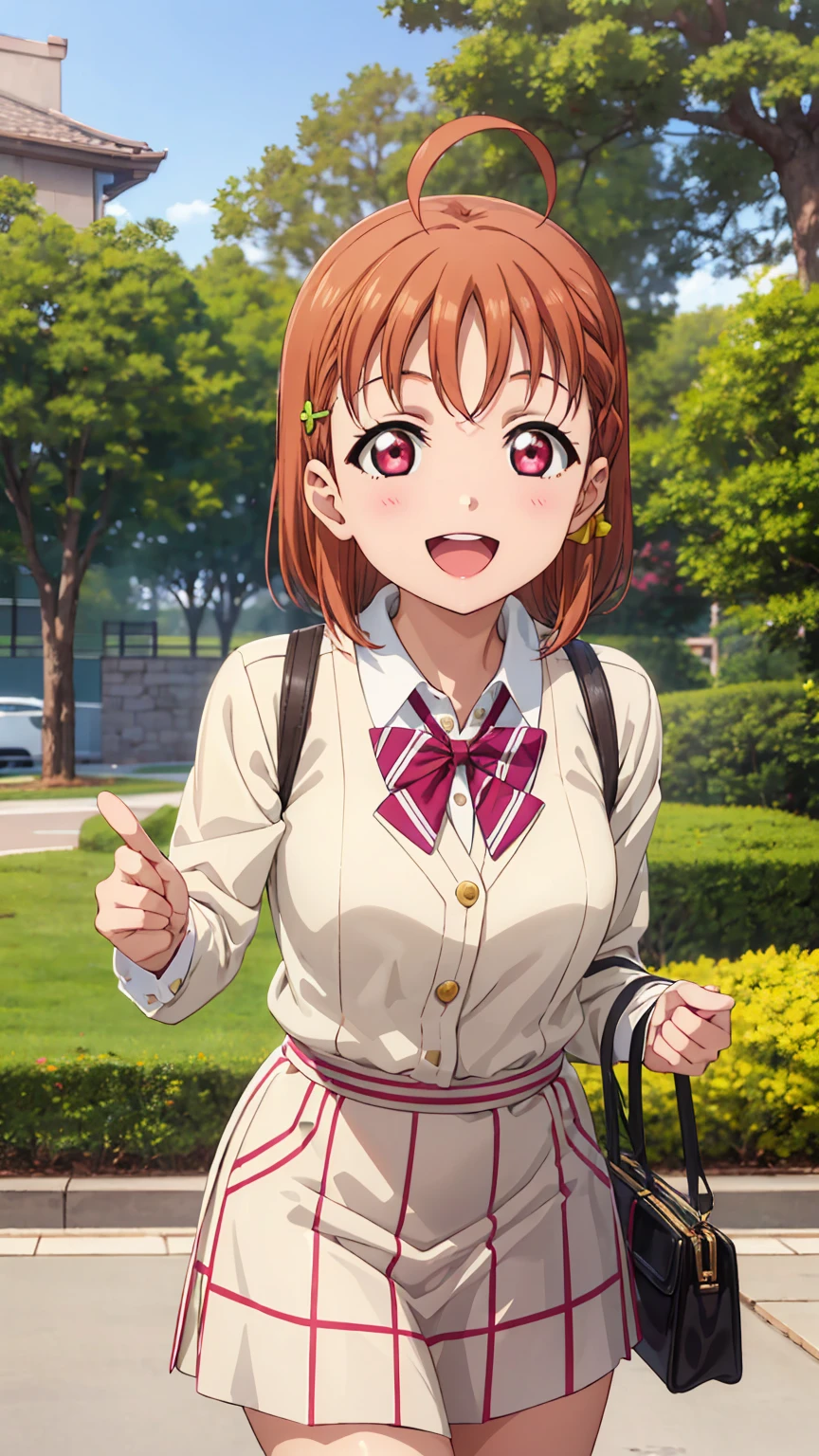 (((pixel-perfect, detail-perfect))), solo, 1girl, chika takami, uranohoshi , bowtie, looking at viewer, smile, :d sakura tree