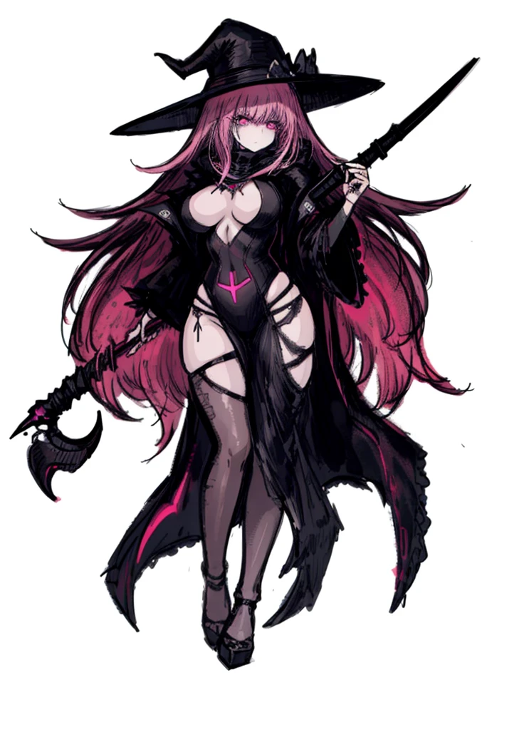 1girl,neon pink hair, eon pink eyes, plague doctor, necromancer, nice clothes, (high resolution, high detail, best quality) , medium breasts, calm, magic wand