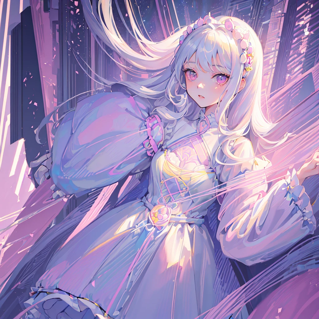 ((pastel model+ lines mix)) ((Model Kenshi))((modelo snapdd00)) face portrait ((size 1:1)), 20 year old adult woman, long and curly white loose hair, pale skin and pink eyes, wearing a beautiful and very feminine dress ((extremely detailed)) ((Eye- LoRa)) ((Style LoRa from Horse))