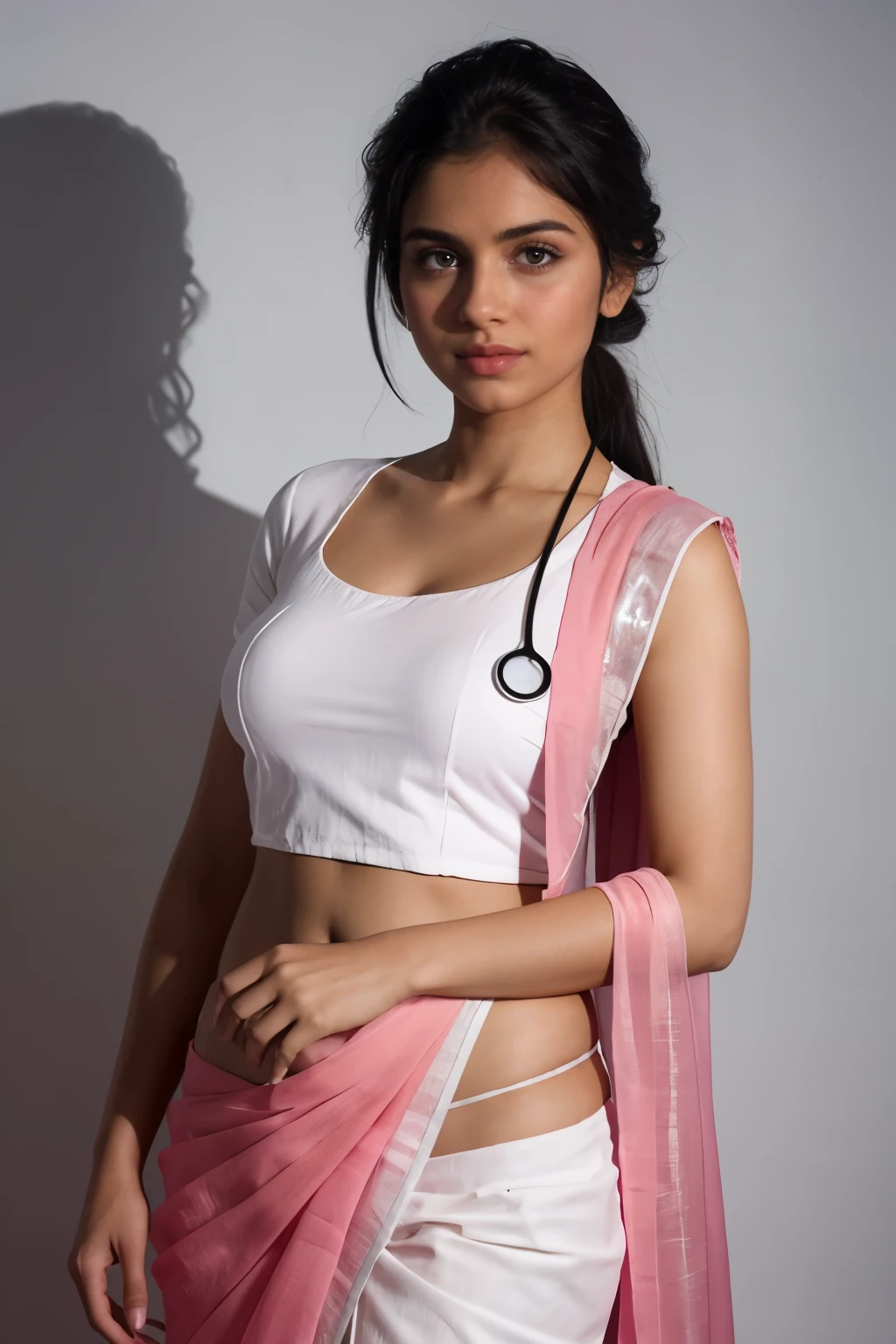 A portrait of a Beautiful Indian model wears a(( white shirt over a pink black saree)), dark background, rim light, key lights, look like a doctor, with Stethoscope