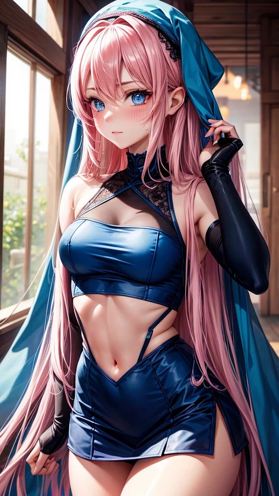 Cosplay de ninja,lace accents,feminine,Caucasian skin,blushed face,light pink long hair,blue colored eyes.