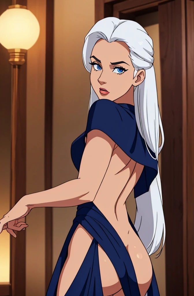 gorgeous  woman, white  hair, beautiful body navy blue eyes, stick your ass up, dancing funk, shaking for the camera.