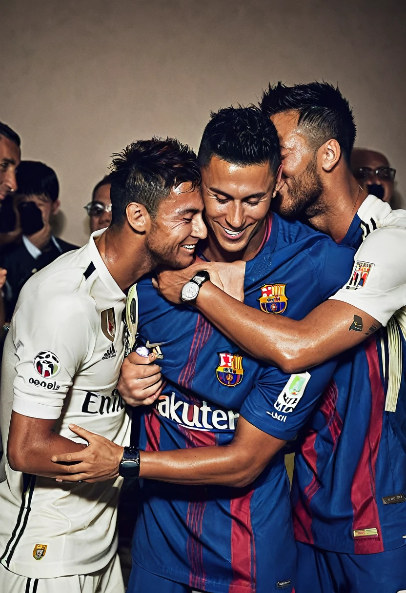 Cristiano, Ronaldo, together with Neymar and Messi, hugging eating pizza