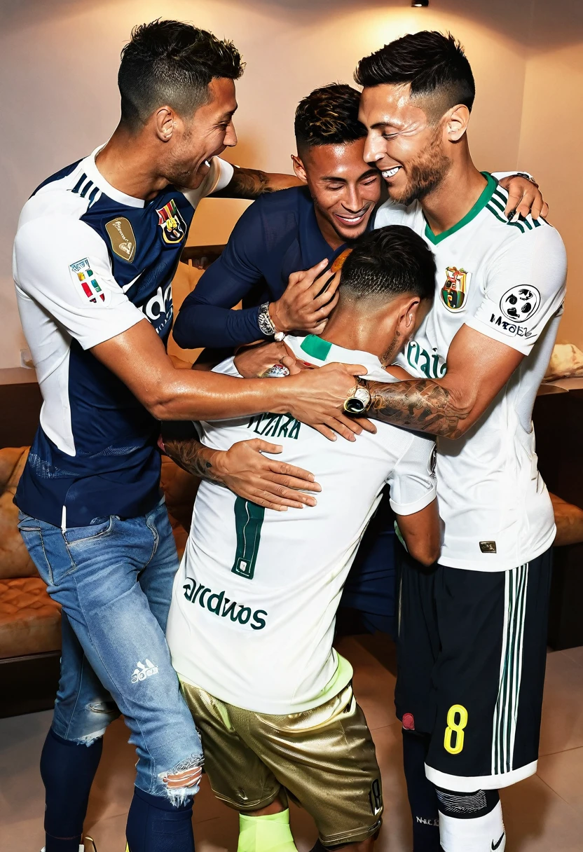 Cristiano, Ronaldo, together with Neymar and Messi, hugging eating pizza