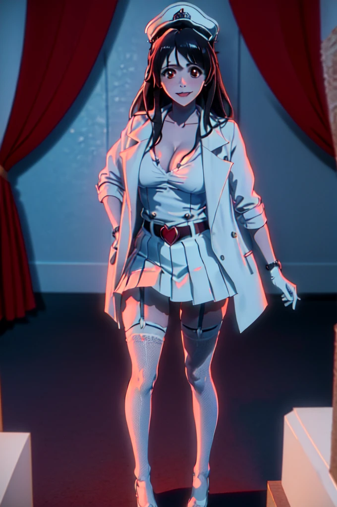 (best quality, masterpiece:1.2), (blush:1.2), realistic portrait of Chitanda Eru, captivating big eyes, she stands gracefully , suggestive smile, parted lips, short white pleated skirt, , gloves, white thigh high stockings with garter belt, belt, looking at viewer, medium breastsed cleavage, bral picture showcases impeccable attention to detail, with ultra-detailed rendering of textures, vibrant colors, and sharp focus. The lighting accentuates the richness of the scene, creating a visually stunning and emotionally engaging masterpiece.
