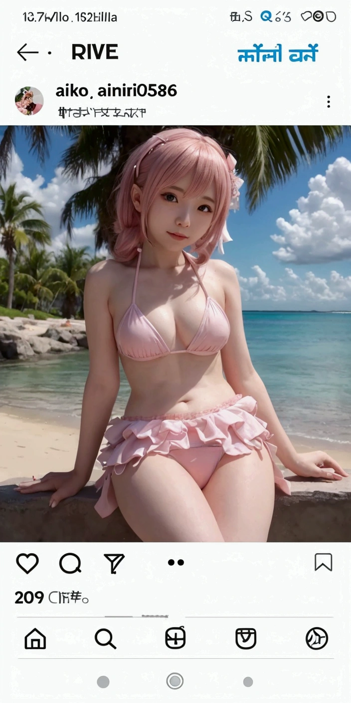 a close up of a person in a bikini sitting on a wall, belle delphine, haruno sakura, anime girl cosplay, pale pink bikini, sakura kinomoto, anime girl in real life, cute bikini, ayami kojima amano, light pink bikini, seductive anime girl, realistic young gravure idol, ayaka cosplay, cutecore, shikamimi