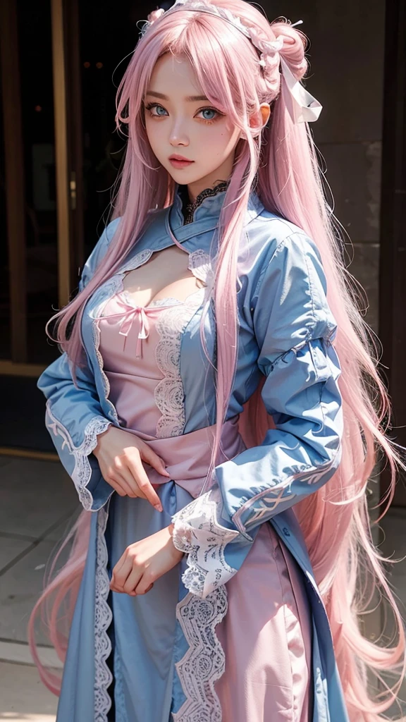 Cosplay de ninja,lace accents,feminine,Caucasian skin,blushed face,light pink long hair,blue colored eyes.