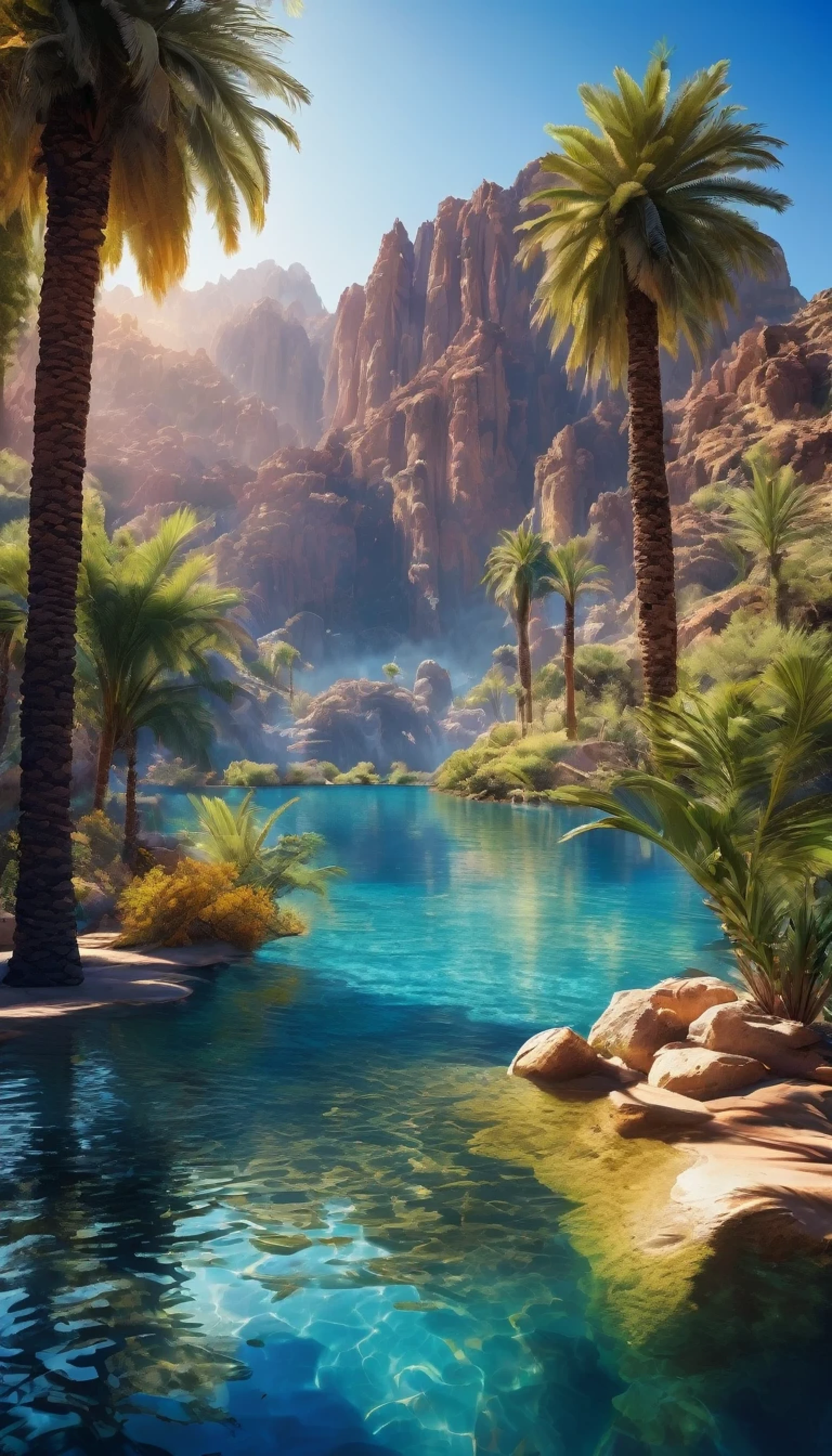 Masterpiece, Best quality, High quality, Extremely detailed Cg Unity 8K wallpaper, Charming and dreamy desert oasis scene, beautiful big blue lake as the focal point, glimmering water surface,with palm trees, The hidden fairytale valley creates a sense of mystery and charm, art stations, Intricate, Trendy, Award-winning photography, Bokeh, Depth of field, hdr, full bloom, color difference, Photorealistic, Extremely detailed,
