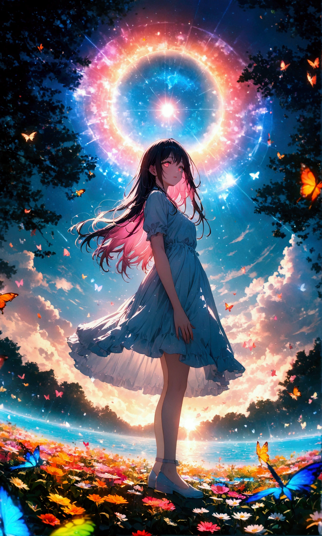 (woman\(student, , JK, Long Hair, Colorful eyes, Pale skin,) Looking up at the sky), (Many butterflies flying in the sky), Beautiful sky, summer,Colorful flowers are blooming everywhere, Mysterious and dreamy ,Giant Tree,quality\(8K,CG wallpaper, masterpiece,High resolution,top-quality,Surrealism,Increased resolution,RAW Photos,Best quality,Very detailed,Light,Ray Tracing,Golden Ratio)