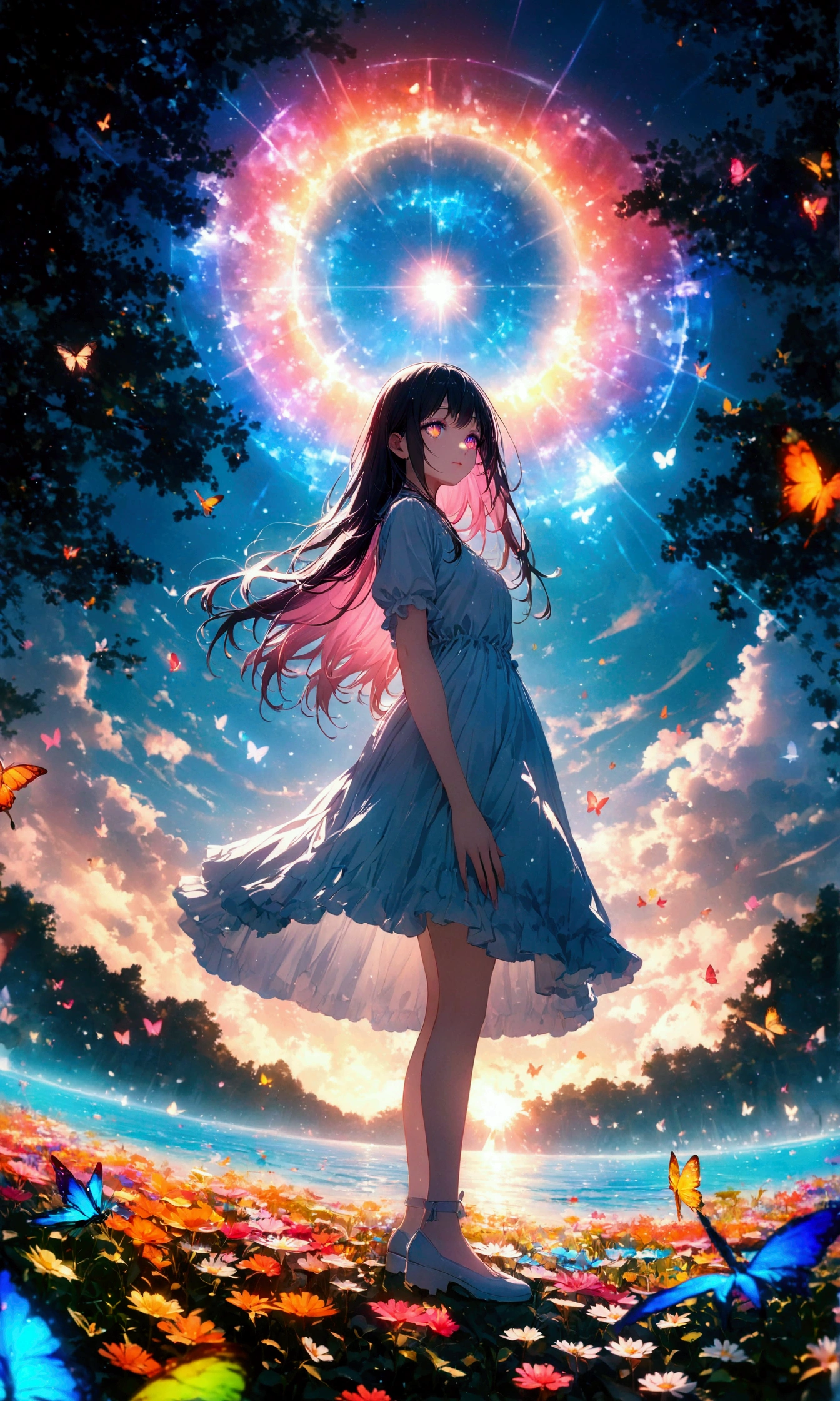 (woman\(student, 15 years old, JK, Long Hair, Colorful eyes, Pale skin,) Looking up at the sky), (Many butterflies flying in the sky), Beautiful sky, summer,Colorful flowers are blooming everywhere, Mysterious and dreamy ,Giant Tree,quality\(8K,CG wallpaper, masterpiece,High resolution,top-quality,Surrealism,Increased resolution,RAW Photos,Best quality,Very detailed,Light,Ray Tracing,Golden Ratio)