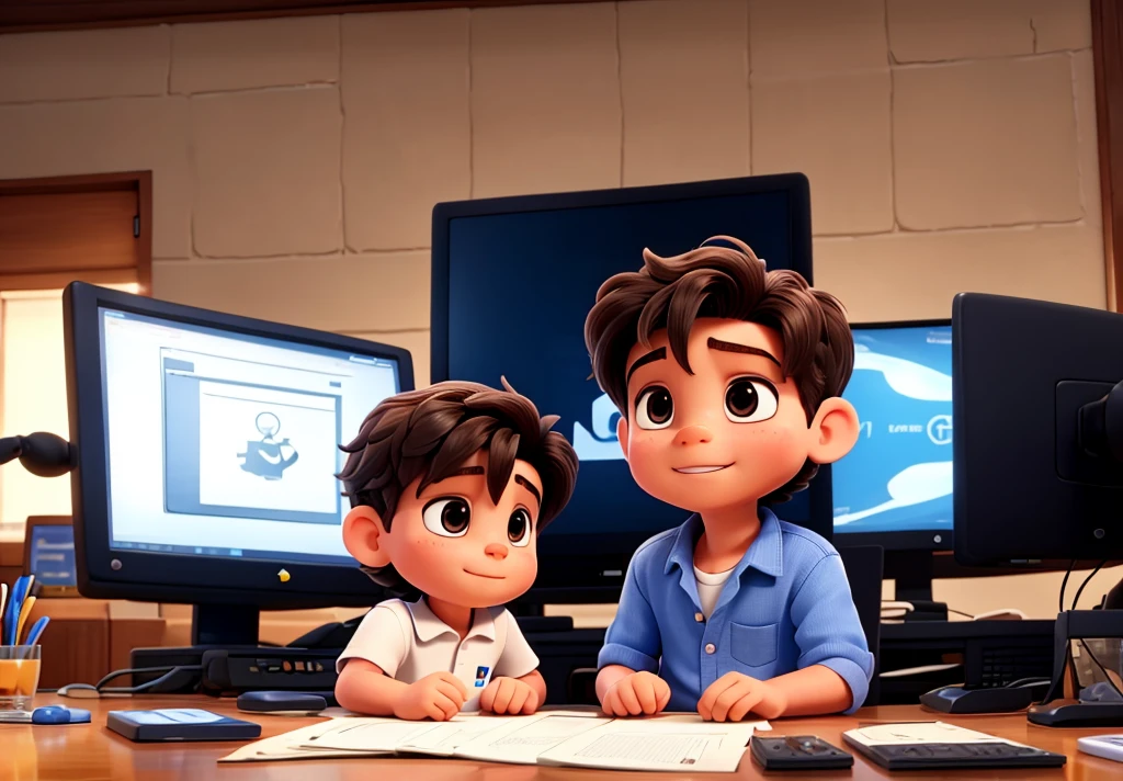 brother and a bigger one, playing on the computer, slickedback hair