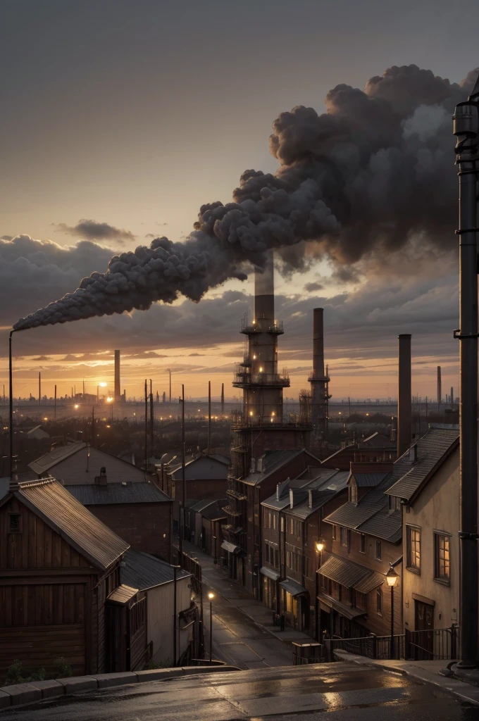 Oil painting of an oil refinery in the 19th century, in a realistic style. It shows an industrial landscape with detection towers, storage tanks, pipes and workers dressed in typical clothes of the time. In the background, a city with houses and churches. Dark and gloomy colors, with smoke coming out of the chimneys. Sepia and brown tones predominate. Very high level of detail, with realistic wood, metal and brick textures.