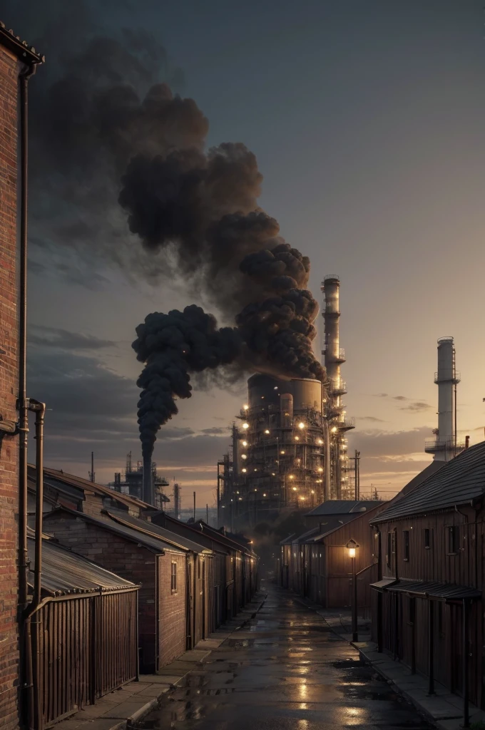 Oil painting of an oil refinery in the 19th century, in a realistic style. It shows an industrial landscape with detection towers, storage tanks, pipes and workers dressed in typical clothes of the time. In the background, a city with houses and churches. Dark and gloomy colors, with smoke coming out of the chimneys. Sepia and brown tones predominate. Very high level of detail, with realistic wood, metal and brick textures.