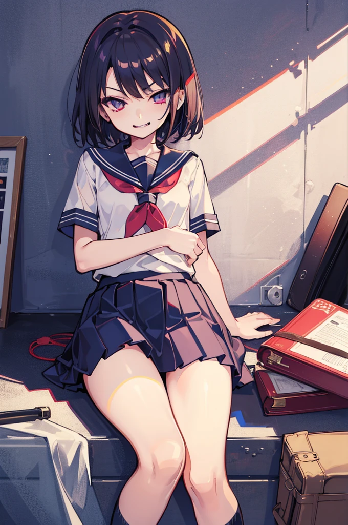 (Ideal:1.2), (perfect:1.2), (highest quality:1.2), (best quality:1.2), street, 1girl, (evil smirk:1.15), (loli:1.1), (school uniform:1.1), detailed body, sexy thighs, small breasts, short hair, high quality eyes, 4K, highest quality resolution, best quality resolution, best quality upscale, flawless