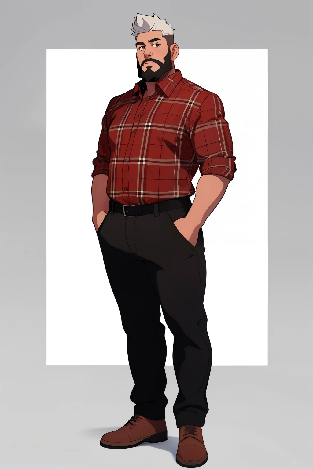 masterpiece, best quality, front view, full body,1man, the highest image quality, 45-year-old fat man, white hair and beard, brown eyes, wearing a plaid shirt and canvas pants, White background, empty background, standing normally, arms crossed