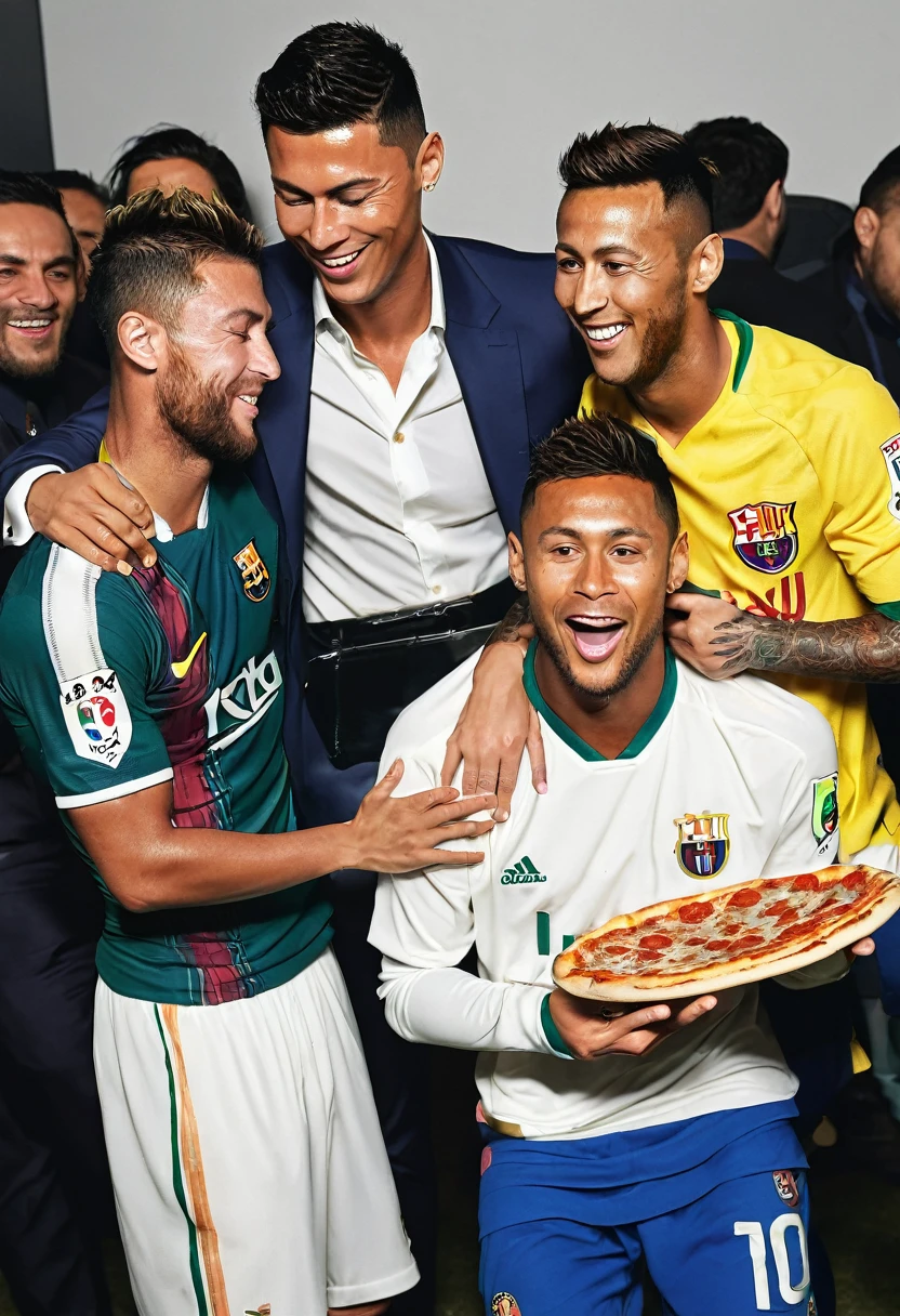 Cristiano, Ronaldo, together with Neymar and Messi, hugging eating pizza