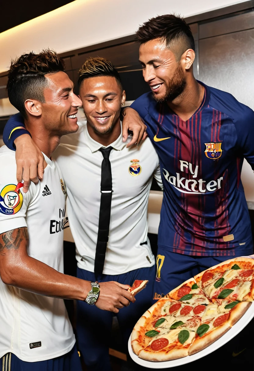 Cristiano, Ronaldo, together with Neymar and Messi, hugging eating pizza
