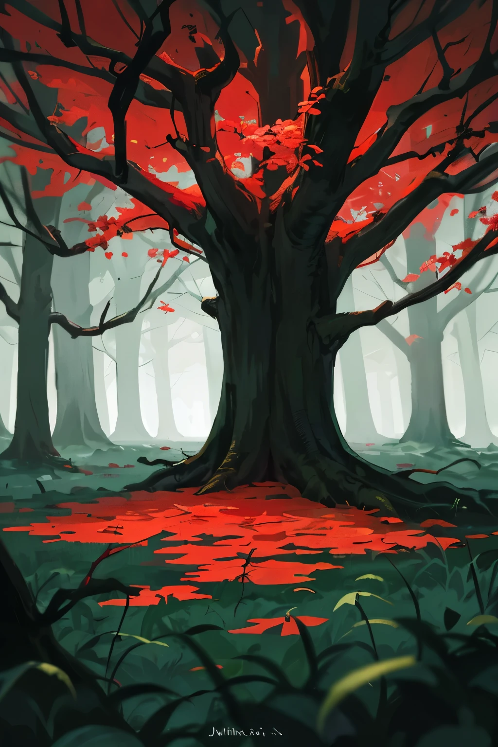 In the heart of a tranquil, serene forest, a solitary tree stands out, its vibrant green leaves contrasting against the deepening twilight. A few drops of red blood drip from one leaf, casting a stark, haunting contrast. The ground beneath the tree is stained with more of this crimson liquid, telling a tale of an unseen event. The once lively forest seems to hold its breath, shrouded in a dim, eerie light, as the lone tree, with its blood-stained leaf, bears silent witness to an unfathomable mystery.