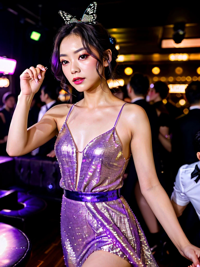 High quality photo,right lips and eye's, (not any mistakes) beautiful shinobu kocho, wearing glittering purple short party dress, angelic, , elegant and graceful, butterfly, sparkling, dancing at a party club 