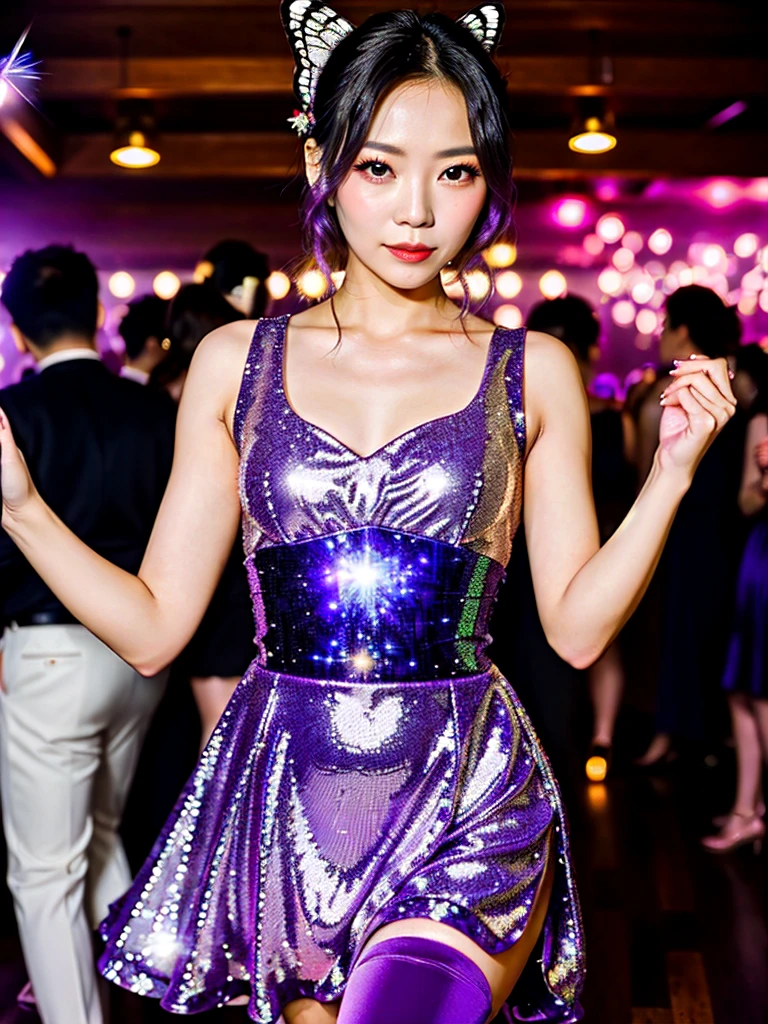 High quality photo,right lips and eye's, (not any mistakes) beautiful shinobu kocho, wearing glittering purple short party dress, angelic, , elegant and graceful, butterfly, sparkling, dancing at a party club 