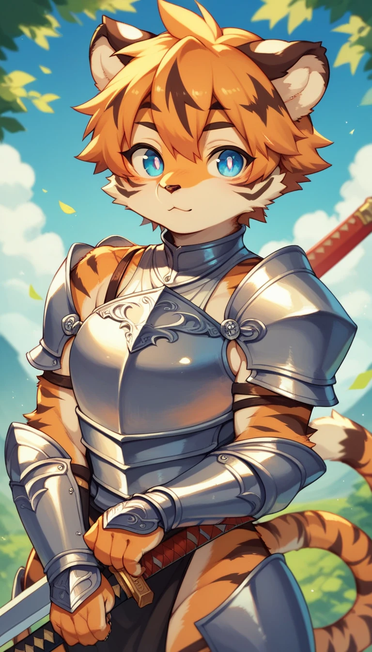 score_9, score_8_up) score_7_up, score_6_up, solo, tiger, kemono, anthro, cute, short hair, blue eyes, white pupils, sexy pose, orange fur, sword, knight armor, outside,