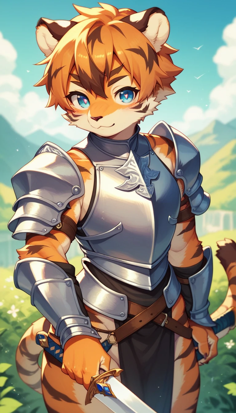 score_9, score_8_up) score_7_up, score_6_up, solo, tiger, kemono, anthro, cute, short hair, blue eyes, white pupils, sexy pose, orange fur, sword, knight armor, outside,