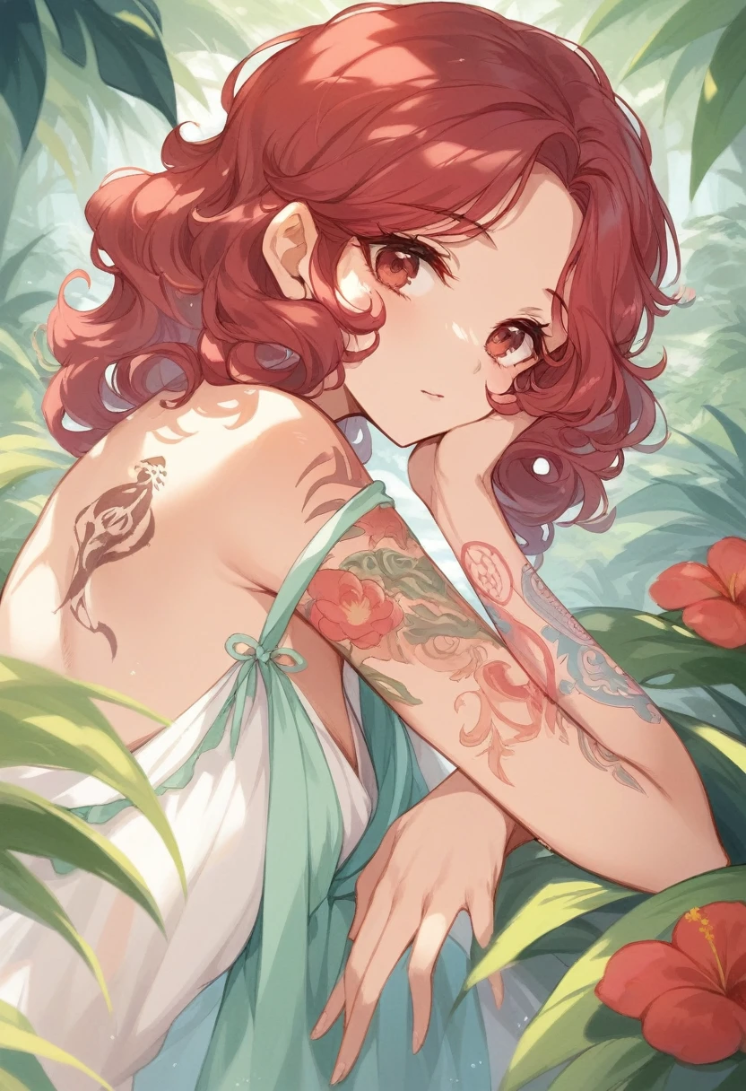 BREAK Perfect ???????、(High resolution:1.2)、Incredible illustrations、(Cute illustrations:1.2)、(nsfw) （Beautiful background(tropical rain forest)) 1 girl(Red hair, long curly hair, red eyes,tattoos, black skin)(glare, hostility)