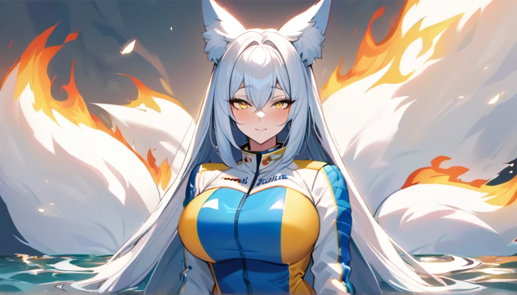  Beautiful white Kitsune, yellow eyes, highly detailed face, highly detailed eyes, big breasts, sexy figure, mature woman, several white kitsune tails, soft long white Kitsune ears, You rule a lake, a huge blue moon in the sky reflecting in the water, The forest would be burning flames blue, full of charred, the eyes would glow yellow,Very detailed face and eyes, Wearing blue and yellow Race Suit 