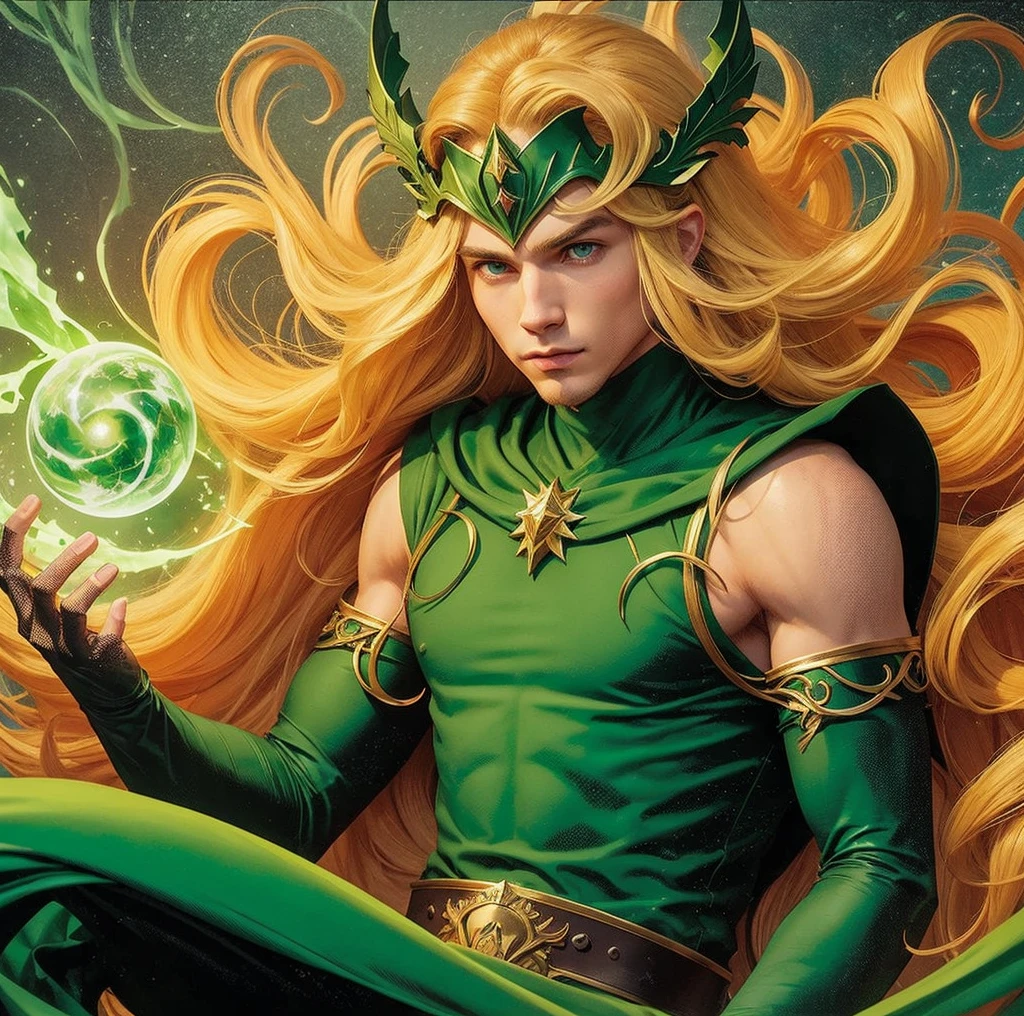 American classic comics art: Enchantress young boy, very young man ethereal delicate, long bright yellow blond hair with beautiful waves, green helmet tiara on his forehead, strong-green sleeveless enchanting wizard outfit delicate, long gloves, covered neck, emerald-green fire magic energy sphere, very young face man, green eyes, tight dark green leggings, The Enchantress Marvel outfit man, classic medieval enchanting man, comic book,