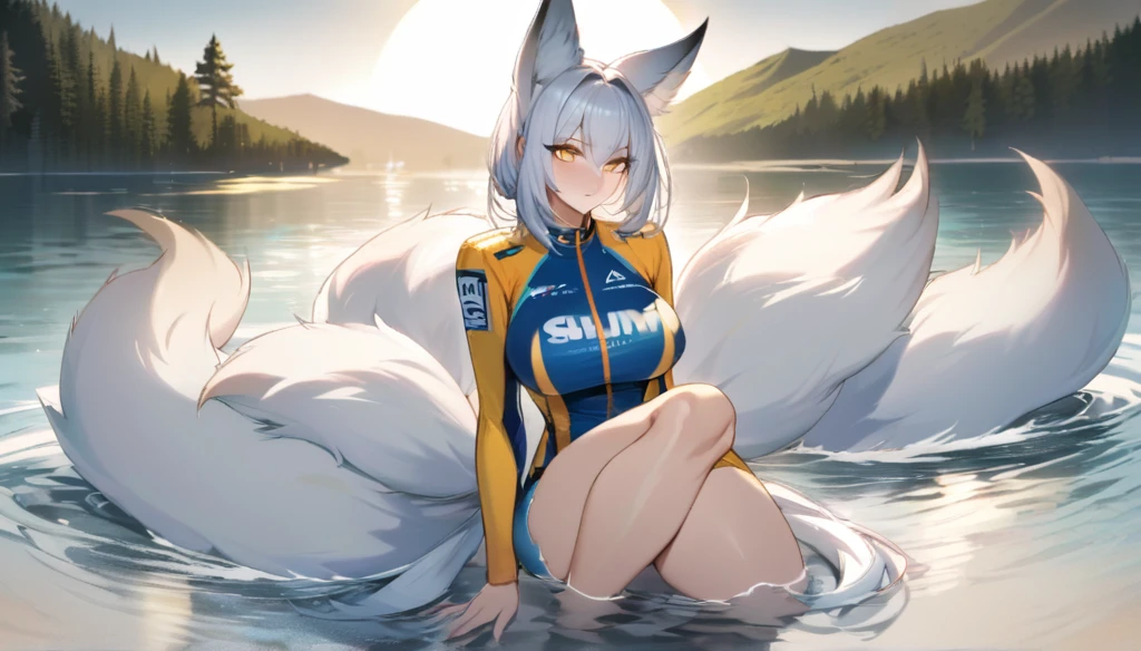 Beautiful white Kitsune, yellow eyes, highly detailed face, highly detailed eyes, big breasts, sexy figure, mature woman, several white kitsune tails, soft long white Kitsune ears, You rule a lake, a huge blue moon in the sky reflecting in the water, The forest would be burning flames blue, full of charred, the eyes would glow yellow,Very detailed face and eyes, Wearing blue and yellow Race Suit