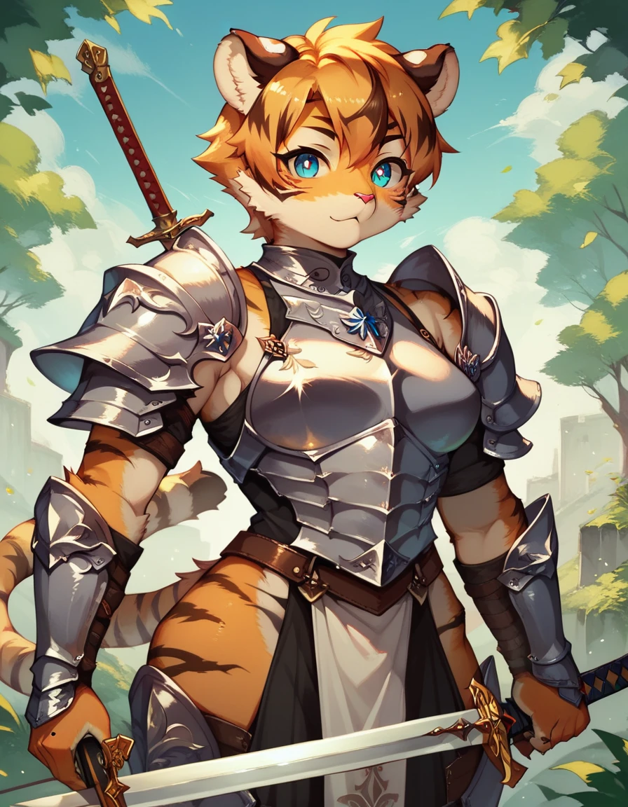 score_9, score_8_up) score_7_up, score_6_up, solo, tiger, kemono, anthro, cute, short hair, blue eyes, white pupils, sexy pose, orange fur, sword, knight armor outside,
