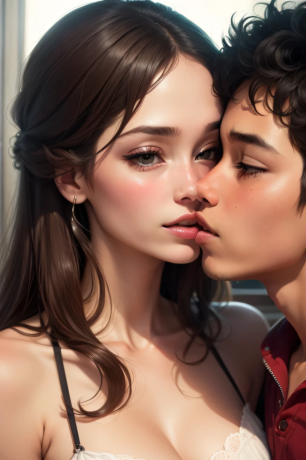 Sexy woman being kissed on the neck by a young boy