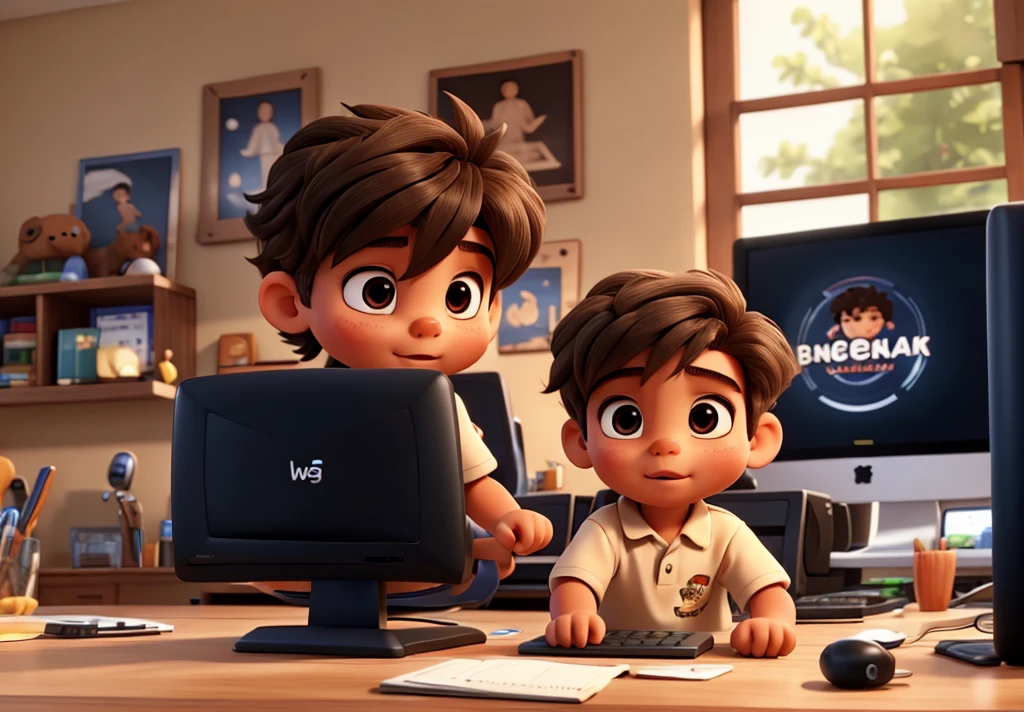 baby brother and a bigger one, playing on the computer, slickedback hair, light brown skin