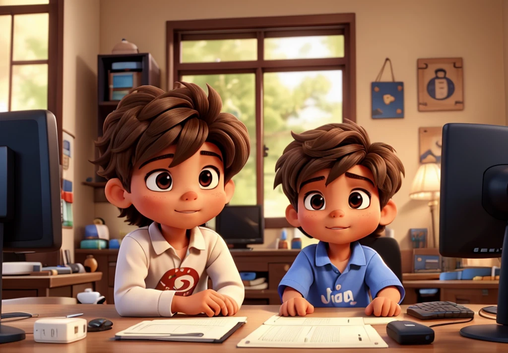 baby brother and a bigger one, playing on the computer, slickedback hair, light brown skin