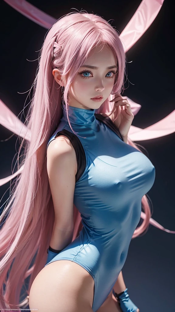 Skin-tight ninja cosplay,feminine,Caucasian skin,blushed face,light pink long hair,blue colored eyes.
