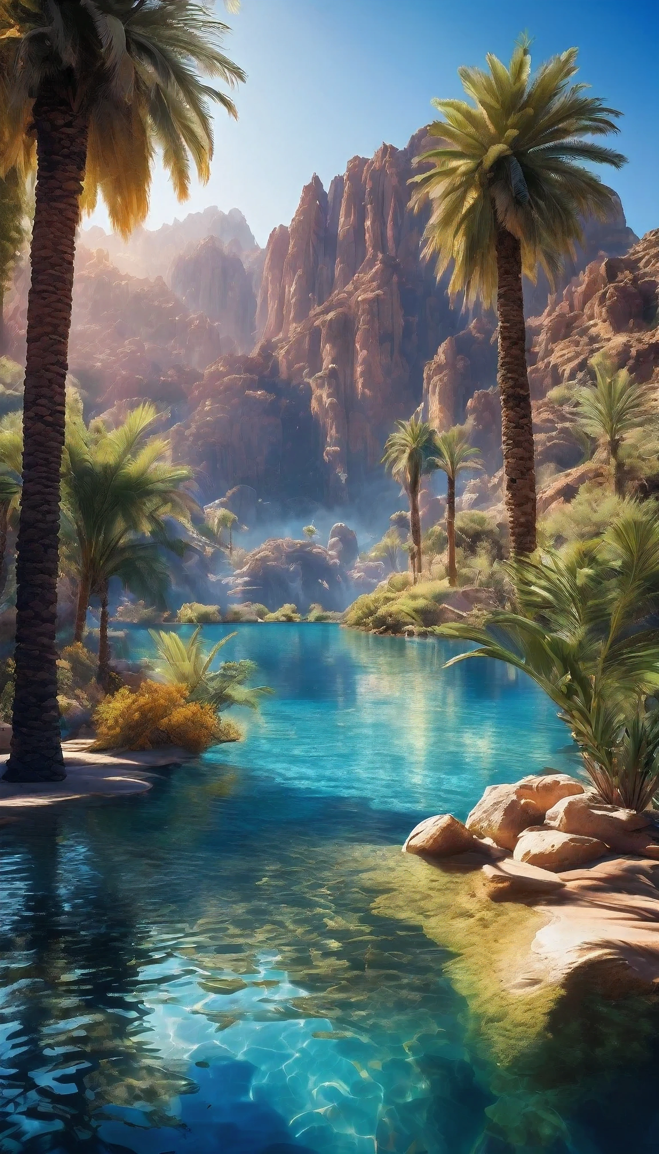 Masterpiece, Best quality, High quality, Extremely detailed Cg Unity 8K wallpaper, Charming and dreamy desert oasis scene, beautiful big blue lake as the focal point, glimmering water surface,with palm trees, The hidden fairytale valley creates a sense of mystery and charm, art stations, Intricate, Trendy, Award-winning photography, Bokeh, Depth of field, hdr, full bloom, color difference, Photorealistic, Extremely detailed,